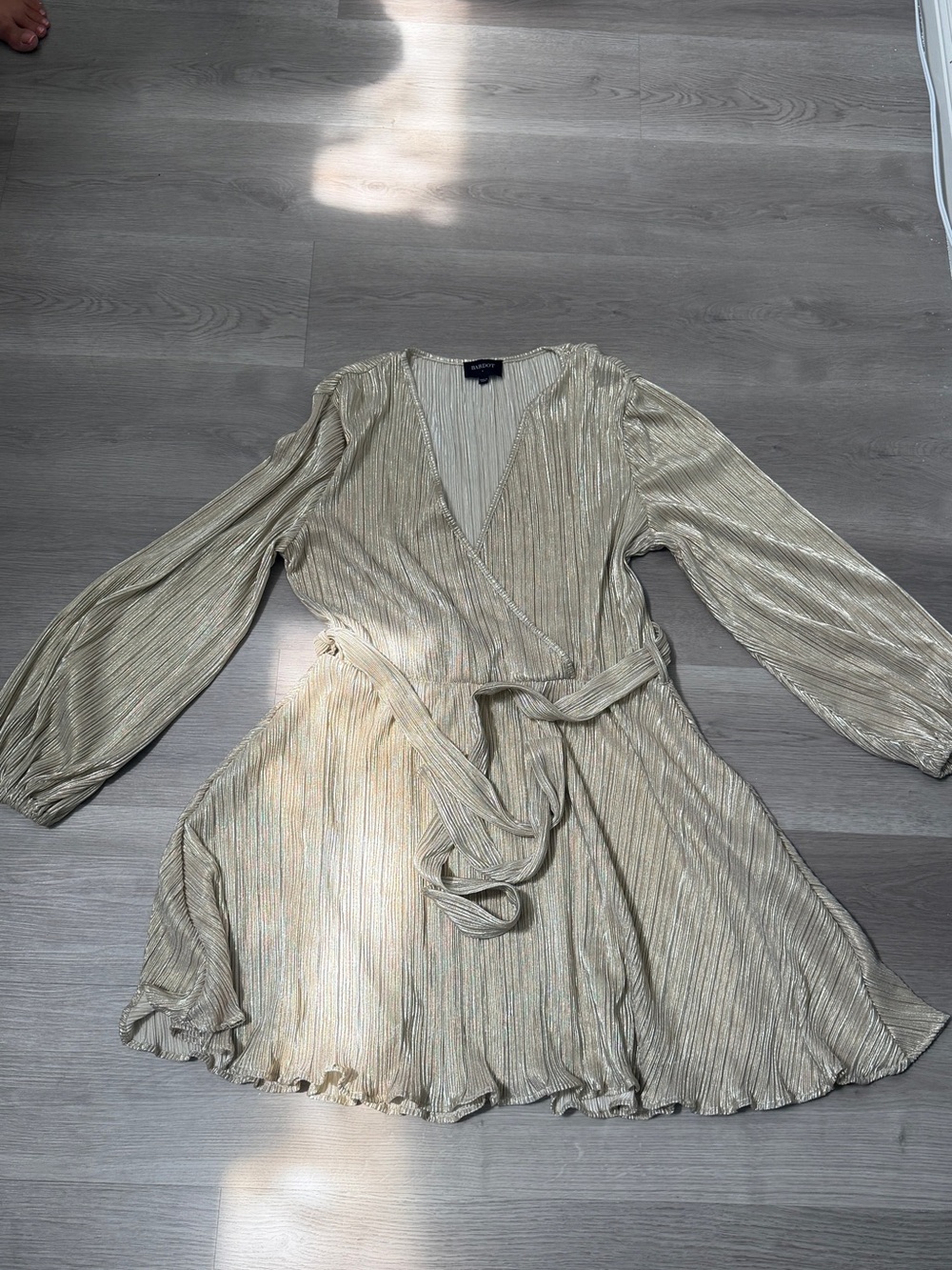 Bardot Metallic Gold Pleated Wrap Dress with Long Sleeves